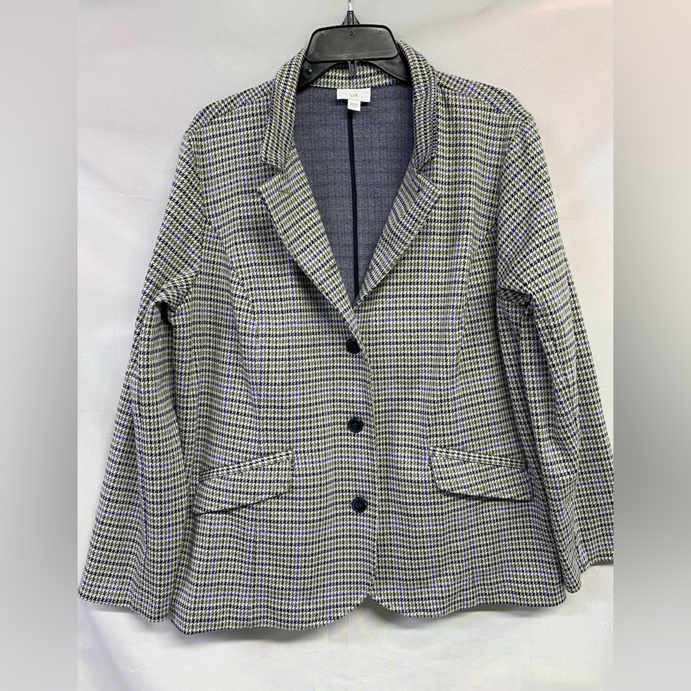 J. Jill Women’s Houndstooth Blazer Black Green Blue Long Sleeve Button size XL